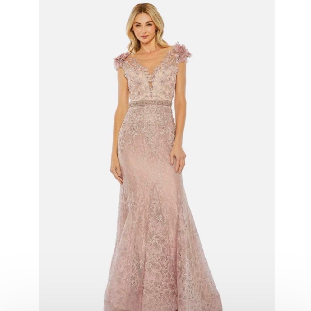 Mac Duggal Dusty Rose Lace Embellished Cap Sleeve Gown